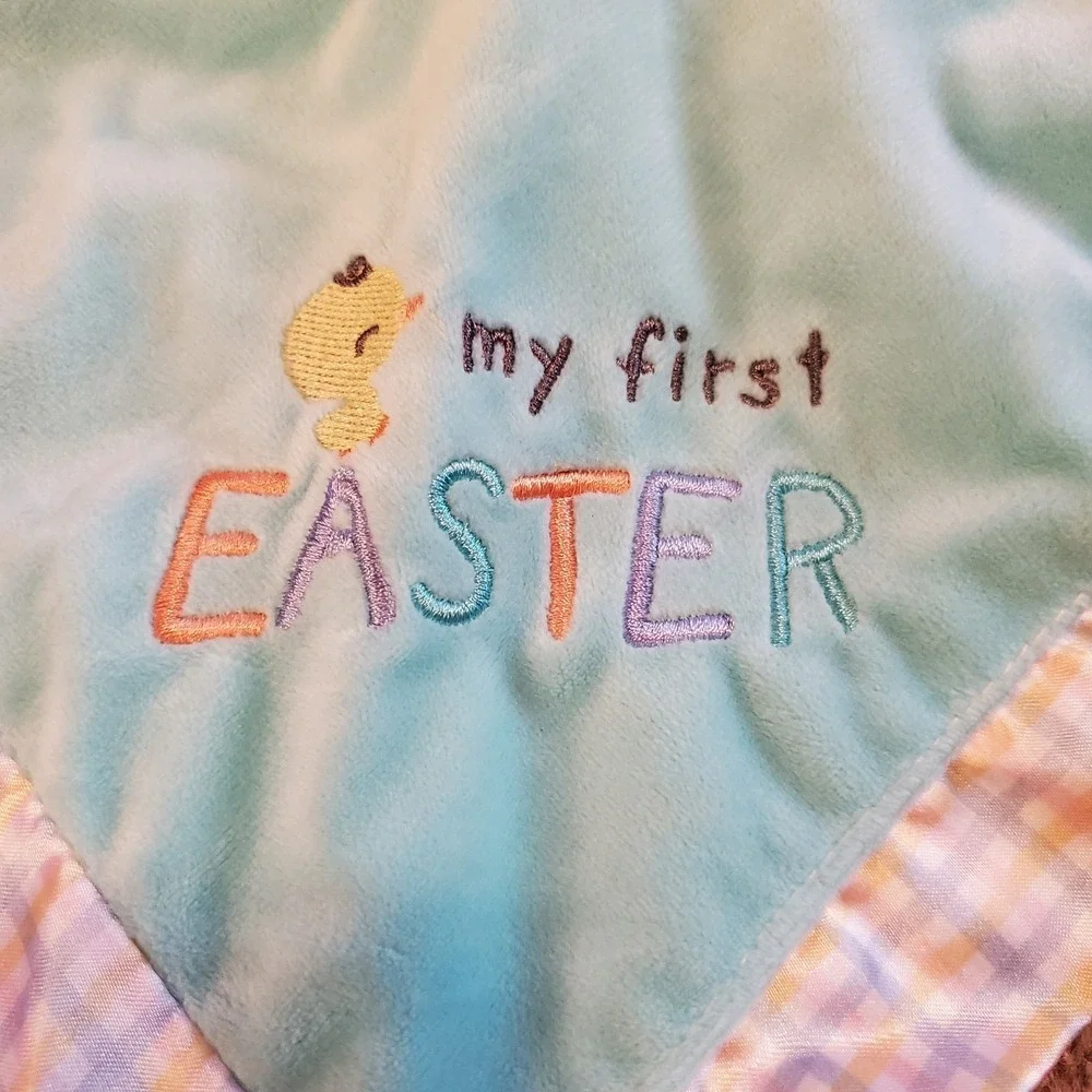 My First Easter Chick Duck Rattle Security Blanket Buddy Lovey Plaid Satin Back‎